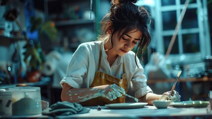A woman in an apron is making a cake. Suitable for baking or cooking concepts - obrazy, fototapety, plakaty