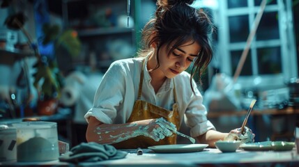 A woman in an apron is making a cake. Suitable for baking or cooking concepts