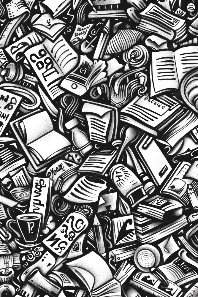 Poster a pile of various items and books on a black and white background. suitable for educational or minim