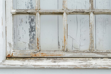 A close-up of an old window, its worn wood and faded glass contrasting sharply with the clean white background