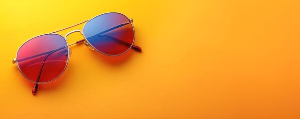 Banner with flat lay of modern sunglasses many bright colors. Modern goggles isolated on yellow background with copy space - obrazy, fototapety, plakaty