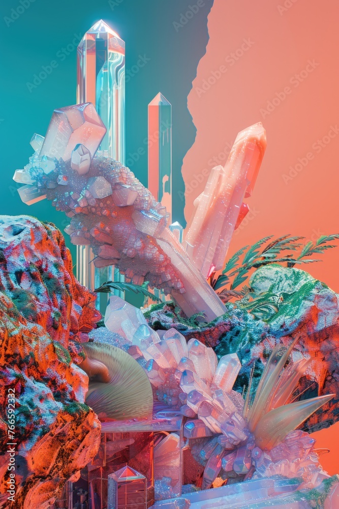 Poster a collection of rocks and crystals displayed on a table. suitable for geology or interior design con