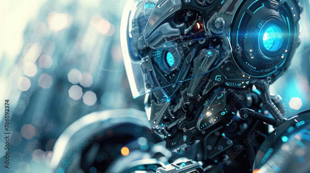 Poster Close up of a robot's face with a blue light, suitable for technology concepts