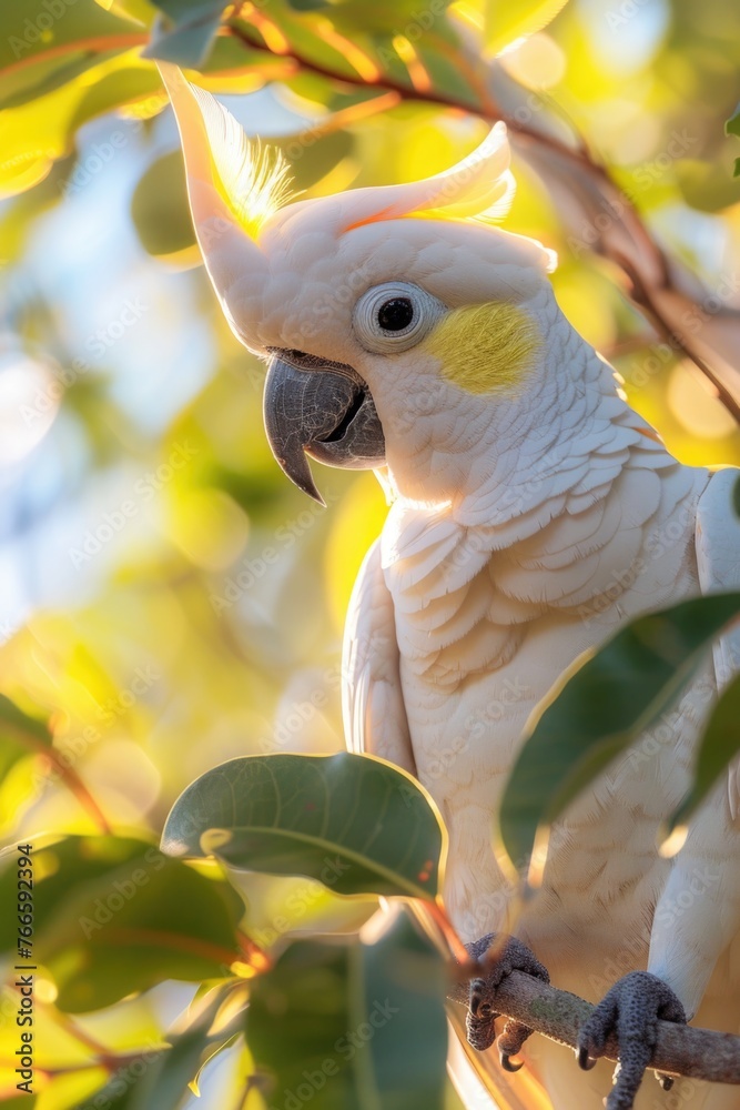 Poster a white parrot perched on a tree branch. ideal for nature and wildlife concepts
