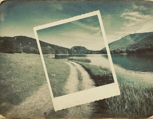 polaroid landscape picture of a lake with a dirt road and hills in the background