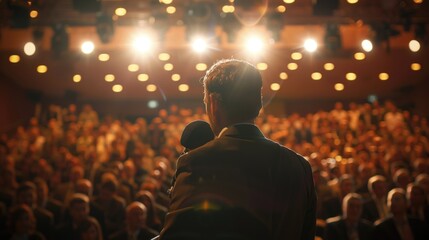 A man holding a microphone in front of a large crowd. Suitable for events and public speaking - obrazy, fototapety, plakaty