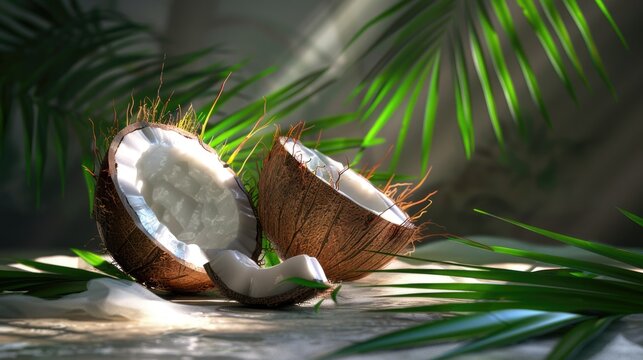 A half eaten coconut on a table, suitable for tropical themed designs