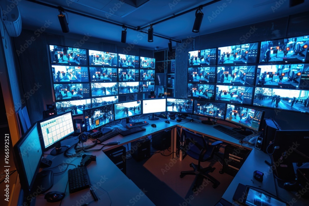 Poster a room filled with multiple monitors and desks, suitable for office or technology concept
