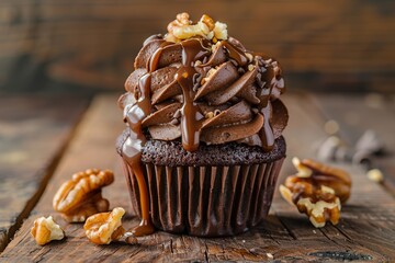 Chocolate cupcake with whipped cream and walnut on wooden table