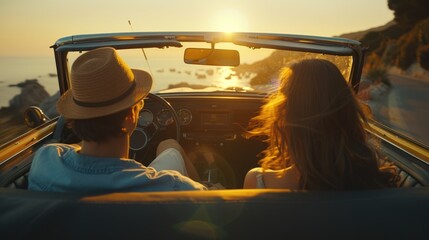 A man and a woman sitting in a convertible car. Perfect for travel and lifestyle concepts
