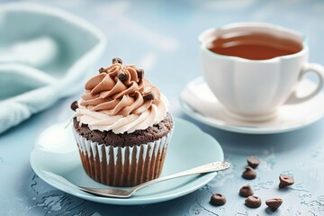 Chocolate cupcakes with whipped cream and cup of tea on blue background