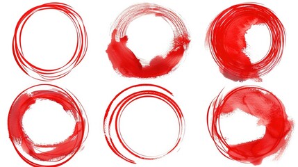 A set of six red circles painted with a brush. Suitable for graphic design projects