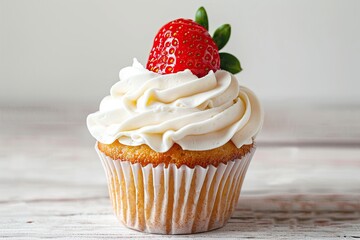 Tasty cupcake with butter cream and ripe strawberries on wooden table - obrazy, fototapety, plakaty