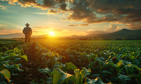 Farmer standing in tobacco field at sunset. Agricultural landscape photography. Rural farming and sustainable agriculture concept. Place for text