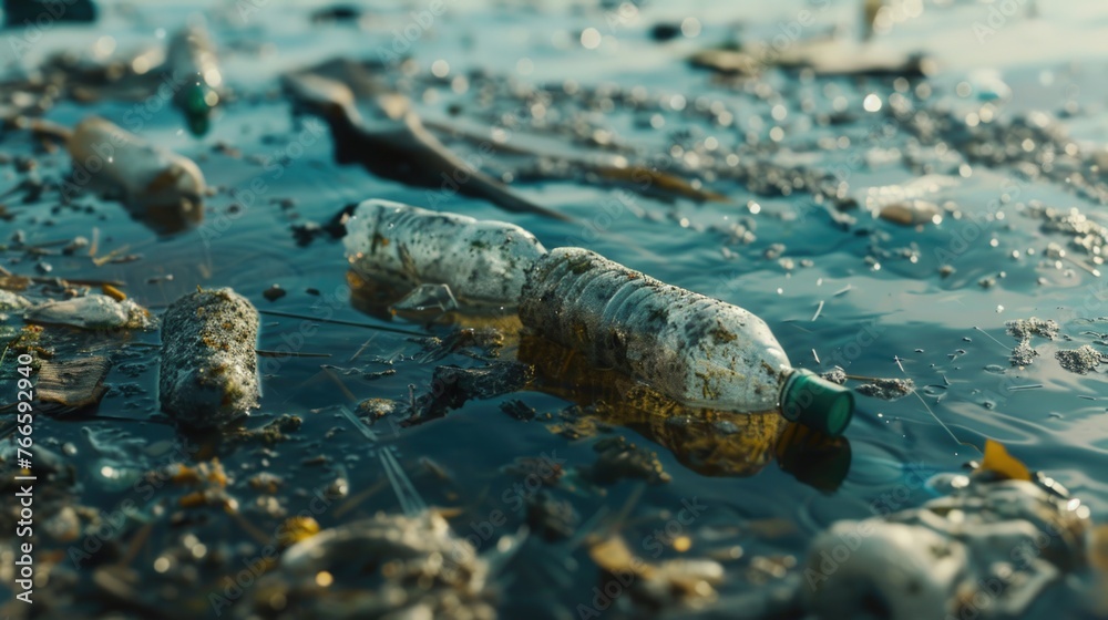 Poster plastic bottle floating on calm water surface. suitable for environmental concepts