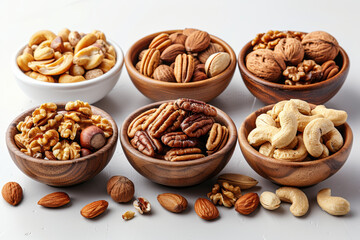 A collection of assorted nuts in small bowls isolated on a white background. Concept of healthy snacking. Generative Ai.