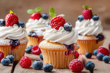 Tasty cupcakes with butter cream and ripe berries on wooden table - obrazy, fototapety, plakaty