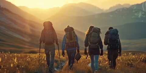 Group of people walking in grass field, suitable for travel blogs