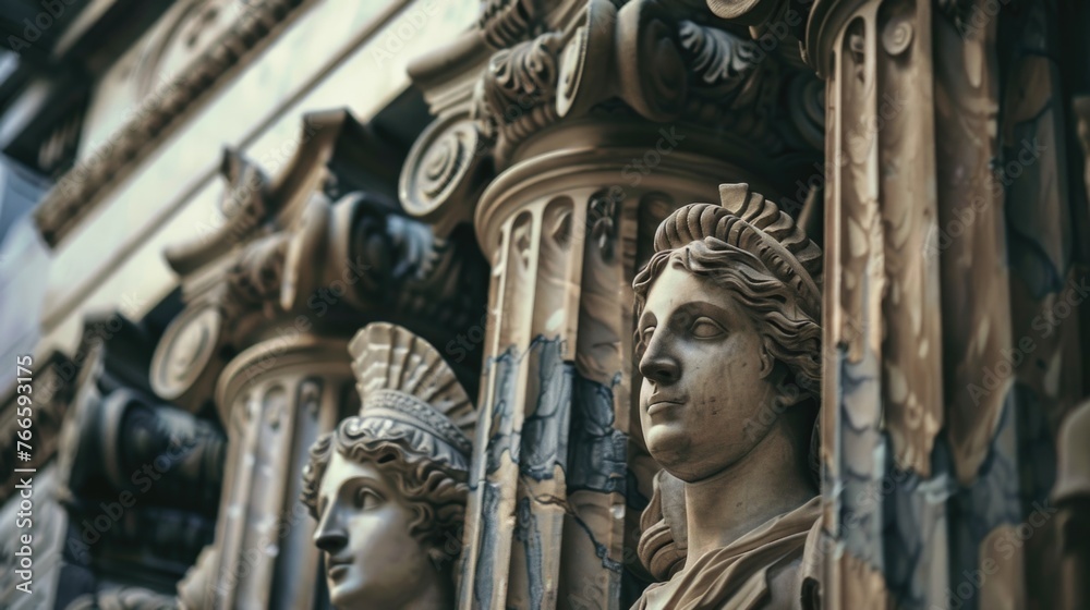 Poster detailed view of statues on a building, perfect for architectural projects
