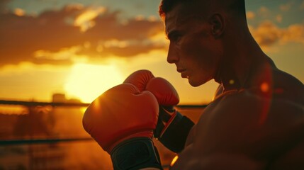 A man wearing boxing gloves standing in front of a beautiful sunset. Ideal for sports and fitness...