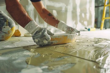 A man is seen painting the floor of a room. Suitable for home improvement projects