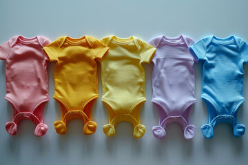 Soft pastel-colored baby onesies isolated on a white background. Concept of infant care. Generative Ai.