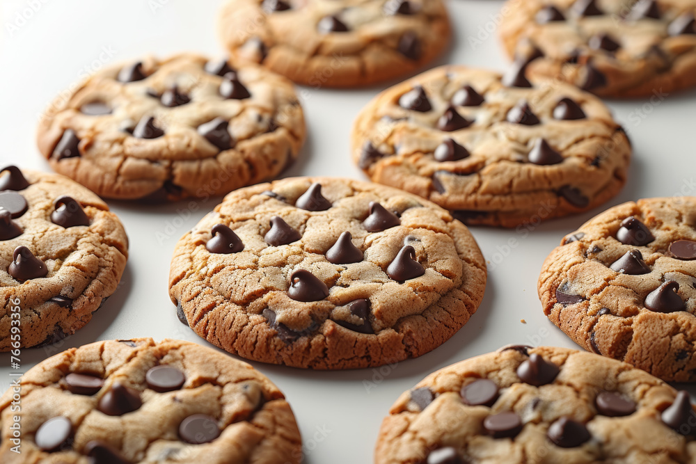 Poster freshly baked chocolate chip cookies arranged on a white background. concept of homemade treats. gen