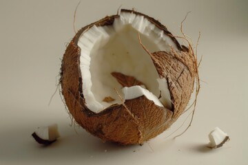 Fresh half-eaten coconut on wooden table, perfect for tropical themed designs