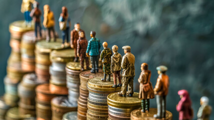 Miniature figures standing on stacked coins concept - obrazy, fototapety, plakaty