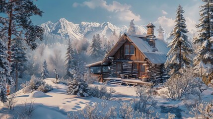 A cozy cabin nestled in a snowy forest. Perfect for winter-themed designs