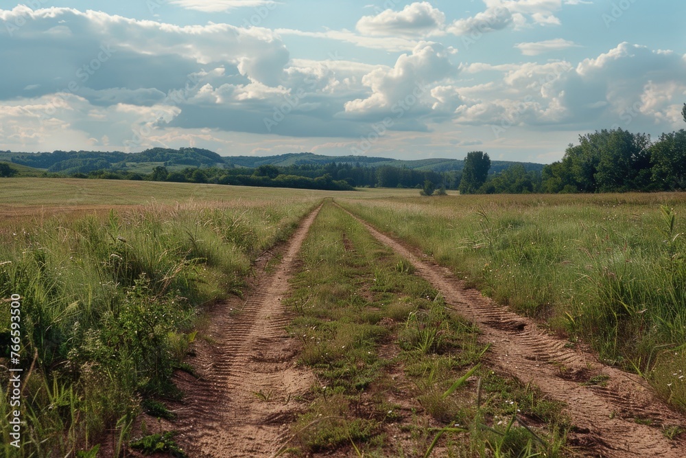Poster scenic view of dirt road in grassy field with trees in background. ideal for nature and travel conce