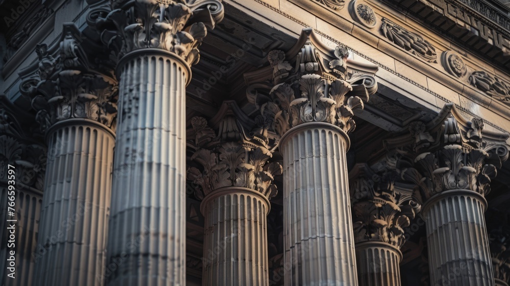 Poster Detailed view of a building with numerous columns. Ideal for architectural projects