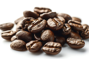 Pile of aromatic coffee beans isolated on a white background. Concept of coffee brewing. Generative...