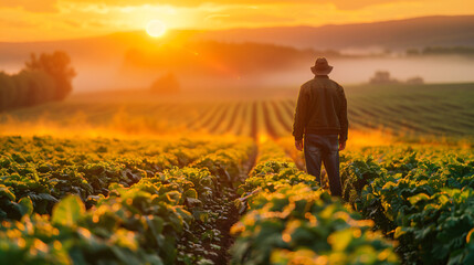 Fototapeta premium Farmer in leather jacket walking through tobacco field at sunset. Rural agriculture and farming landscape. Eco-friendly agriculture and agribusiness concept