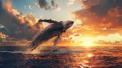 Majestic humpback whale breaching the water at sunset. Perfect for marine wildlife enthusiasts