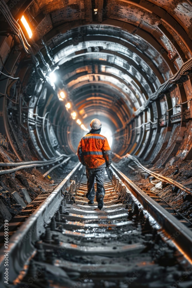 Aufkleber a man in an orange jacket walking through a tunnel. suitable for various business concepts