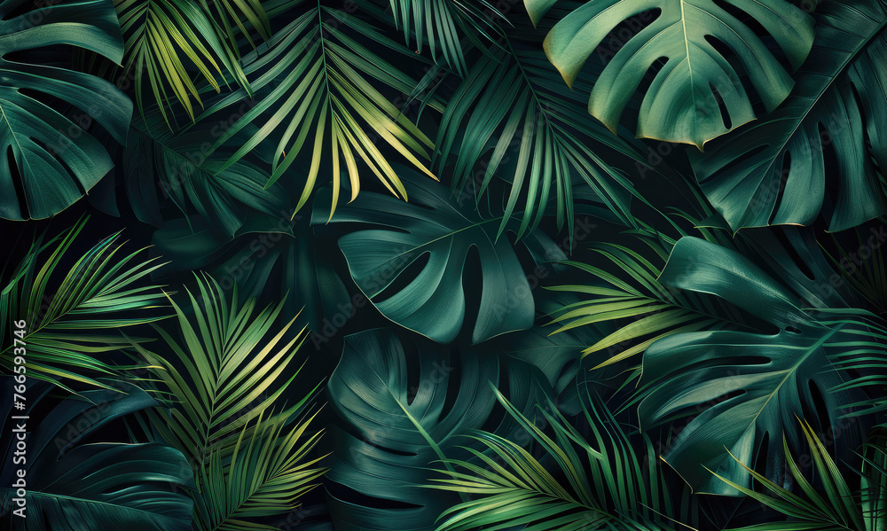 Poster a background of dark green palm leaves. generative ai.