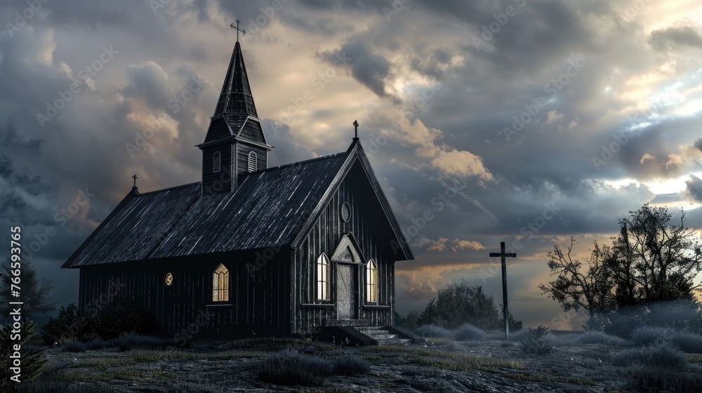 Poster A black church with a steeple and a cross in the foreground. Ideal for religious or architectural projects