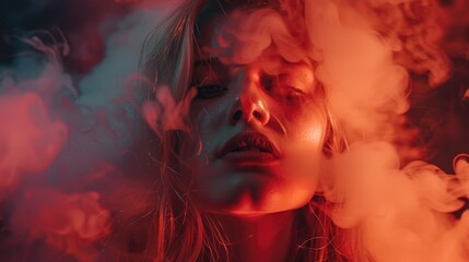 A woman with smoke coming out of her face. Suitable for health and beauty concepts