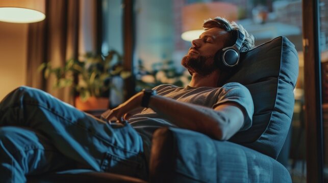 A man sitting in a chair with headphones on. Suitable for music and relaxation concepts