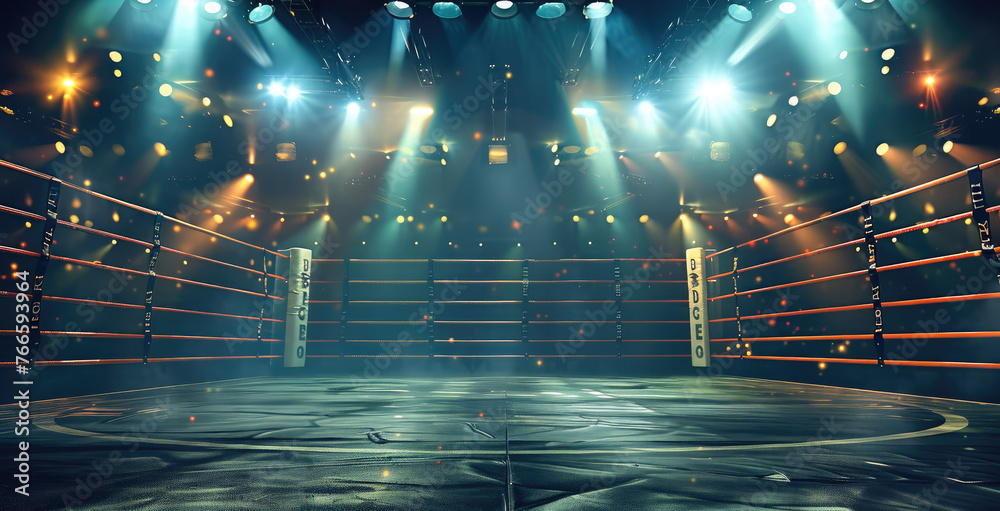 Poster Empty boxing ring with the crowd. Generative AI.