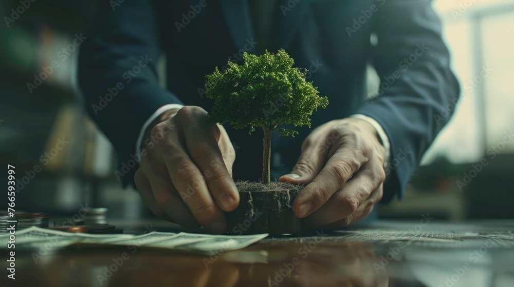 Poster a man in a suit holding a small tree. suitable for environmental concepts