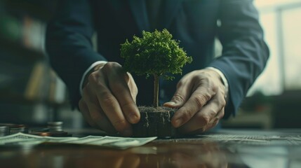 A man in a suit holding a small tree. Suitable for environmental concepts