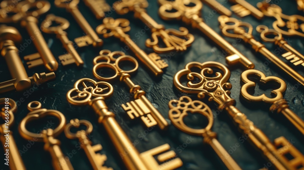 Poster A bunch of keys sitting on top of a table. Ideal for illustrating concepts of security and organization