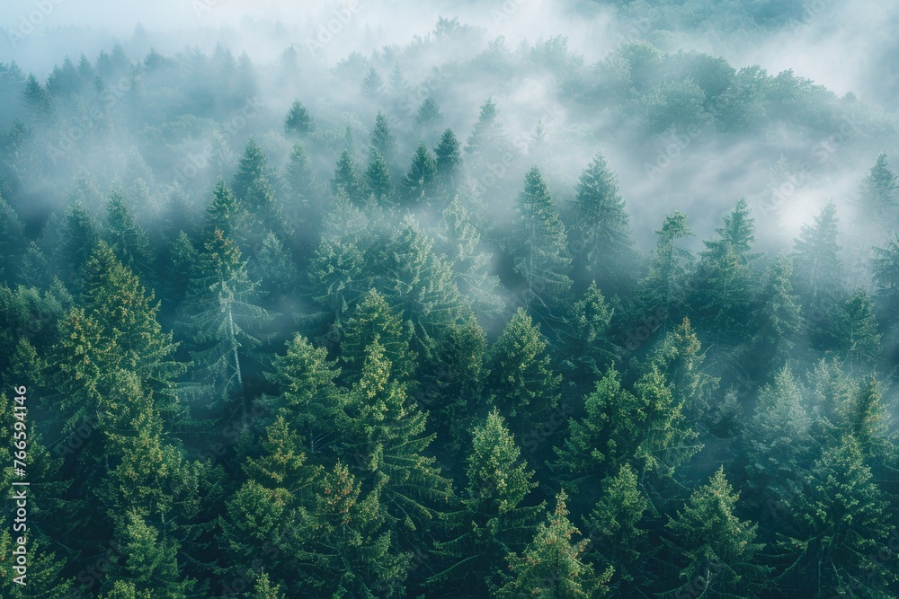 Poster a view of a forested area with trees in the foreground. suitable for nature and outdoor themed desig