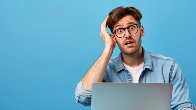 A young man appears both confused and surprised as he looks at his laptop screen against blue background. copy space - Powered by Adobe