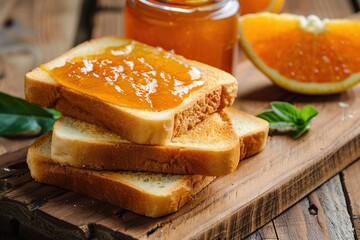 Toast breads with sweet orange jam on wooden table