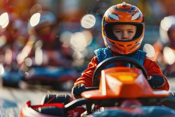 Young boy in helmet driving a go-kart, perfect for sports and leisure concepts - obrazy, fototapety, plakaty