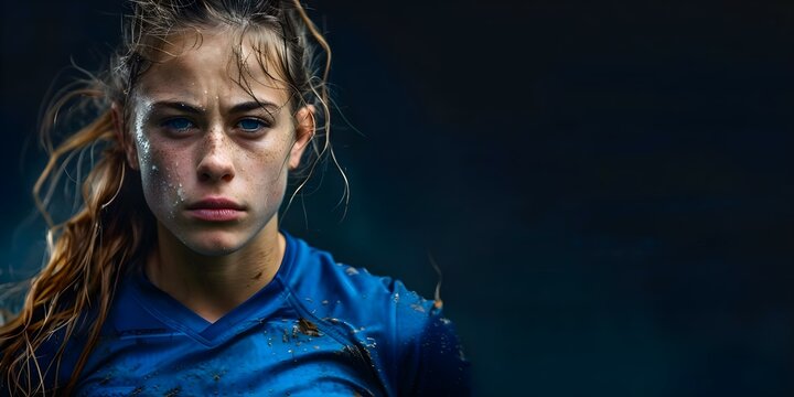 Focused female rugby player against a black background showcasing teamwork strength and endurance. Concept Sports Photography, Teamwork, Strength and Endurance, Female Rugby Player, Black Background