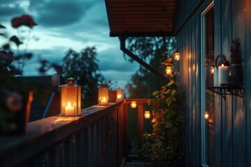Candles glowing on porch, ideal for home decor projects
